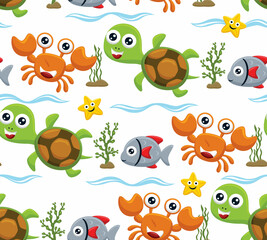 Seamless pattern vector of funny marine animals cartoon with seaweed