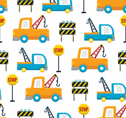 Fototapeta na wymiar Seamless pattern vector of toe truck cartoon with traffic signs