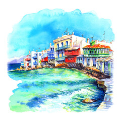 Watercolor sketch of Little Venice on the island Mykonos, The island of the winds, Greece - obrazy, fototapety, plakaty