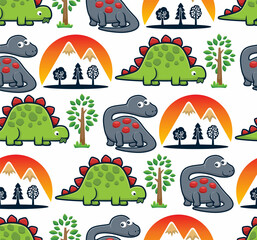 Seamless pattern vector of dinosaurs cartoon with trees and volcanoes © Bhonard21