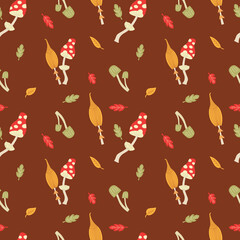 Autumn mushrooms with colorful leaves. Seamless illustration with amanita and toadstools. Fabric, background or wallpaper.