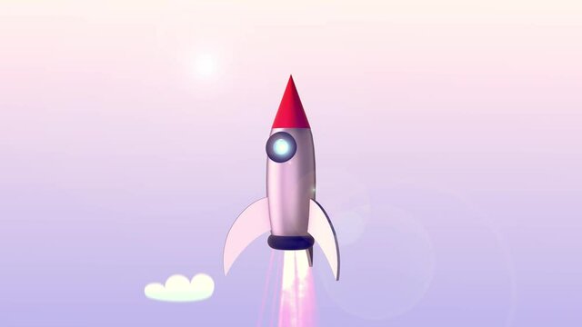 3d flying rocket motion video. Spaceship lift off, startup launch concept, start idea. Shuttle leaving earth. Full metal starship. Success or innovation concept