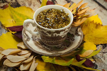 Cozy autumn day at home - English porcelain cup of hot herbal tea, colorful autumn leaves and old letters