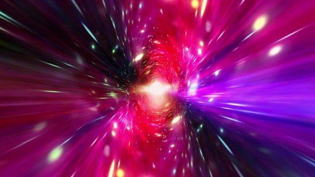 Colorful hyperspace light speed space flight through space time wormhole tunnel. Abstract bright red pink purple flowing energy vortex. 4K 3D Loop Sci-Fi interstellar space travel background concept.
