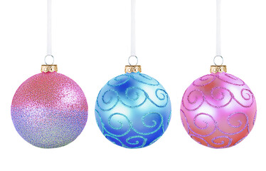 three christmas ornaments on white isolated background
