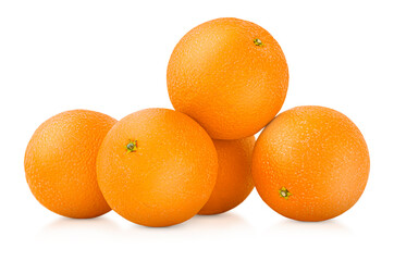 five whole oranges on white isolated background