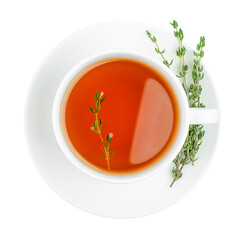 cup of tea with thyme on isolated white background, top view