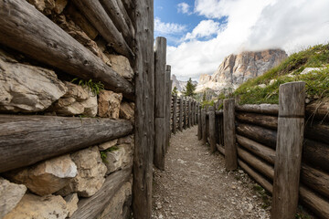 trenches of the First World War on Dolomites mountains. Cinque Torri, Nuvolau, Alps, Northern Italy