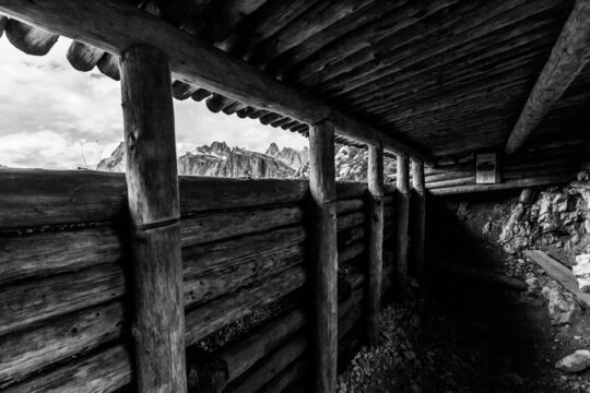 Amazing alpine black and white scenery seen from a trench of World War I. Dolomites, Cinque Torri, Nuvolau, Alps, Northern Italy