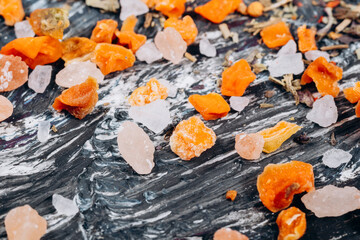 Himalayan pink, sea salt spices, dried carrots fall. Selective focus