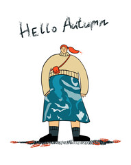 Young woman with orange hair in trendy clothes with handwritten text hello Autumn on white background. Hand drawn people illustration. Autumn picture