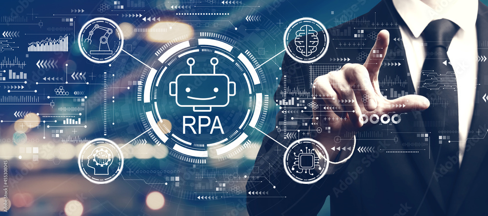 Poster robotic process automation theme with a man on city background