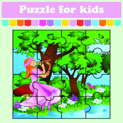 Puzzle game for children. The fairy plays the flute, sitting on the mushroom. Education worksheet. Activity page color. Riddle for preschoolers. Isolated vector illustrations. Cartoon style.