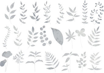シルバーのリーフ・植物のセット　線画なし　ベクター素材