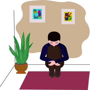 Young man sits on the floor in a room with his back against the wall. The swing of the oppressed state and depression of a person. Colored vector illustration.