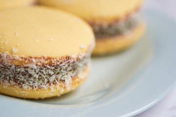 Traditional Argentinian alfajores with dulce de leche on marble table. Argentine gastronomy concept.