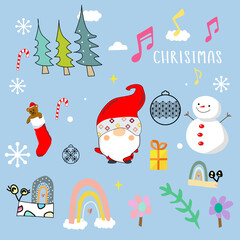 Set of Christmas design element in doodle style. Forest, gnomes,animals, winter holiday objects. Vector