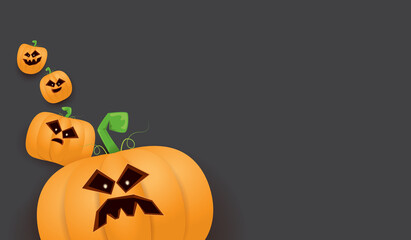 Halloween Horizontal web Banner or poster with Halloween scary pumpkins isolated on grunge grey wall background. Funky kids Halloween background with space for text and funny pumpkins