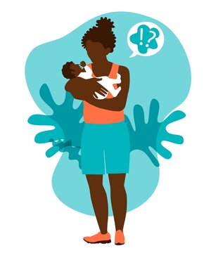 Flat vector illustration with postnatal black woman. Holds a baby in her arms. Mother is in Postpartum Depression. Tired mom stress with child. Childcare problems.
