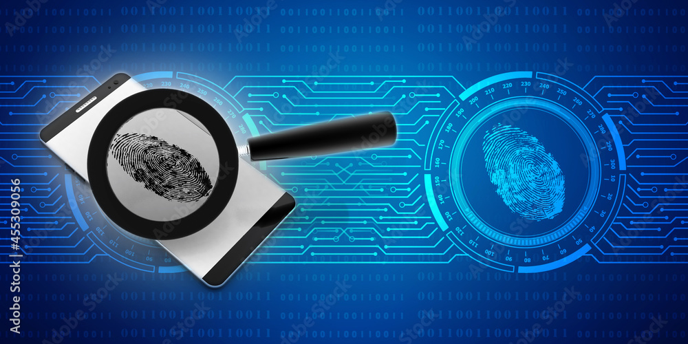 Poster 3d rendering fingerprint and magnify glass with mobile phone