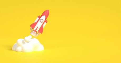 Rocket launch, Cartoon space ship on isolated background, Startup concept , 3D rendering.