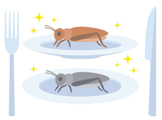 食用コオロギが昆虫食として、２つの角度のお皿にのっているイラスト