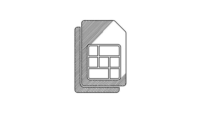 Black line Sim card icon isolated on white background. Mobile cellular phone sim card chip. Mobile telecommunications technology symbol. 4K Video motion graphic animation