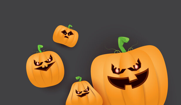 Halloween Horizontal web Banner or poster with Halloween scary pumpkins isolated on grunge grey wall background. Funky kids Halloween background with space for text and funny pumpkins