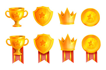 Golden winner trophy cup vector icon, game champion prize badge set, shiny goblet, shield, crown. ESport victory reward medal illustration kit, championship achievement symbol. Winner cup, red ribbon © Oleksandra