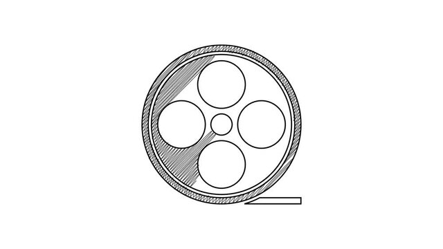 Black line Film reel icon isolated on white background. 4K Video motion graphic animation