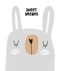 Sweet Dreams. Hand Drawn Vector Illustration with Cute Dreamy Bunny. Infantile Style Easter Print ideal for Wall Art, Poster, Card. Simple Abstract Gray Funny Rabbit Isolated on a White Background.