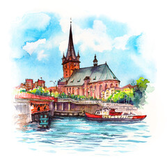 Watercolor sketch of Cathedral in Old Town in Szczecin, Pomerania, Poland - obrazy, fototapety, plakaty