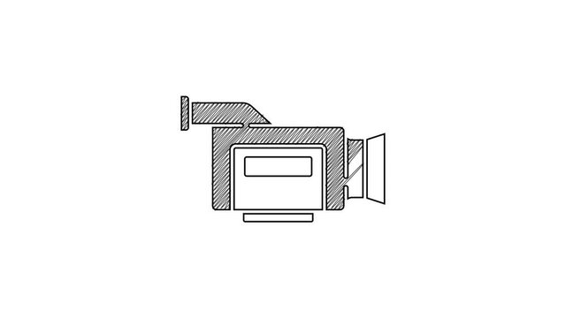 Black line Cinema camera icon isolated on white background. Video camera. Movie sign. Film projector. 4K Video motion graphic animation