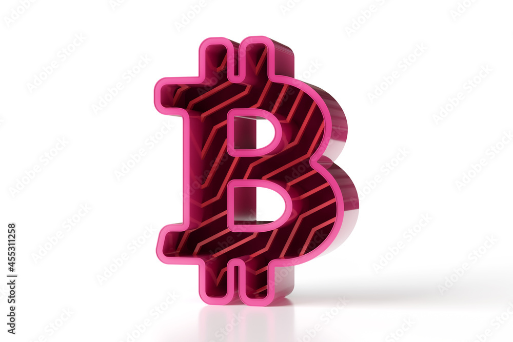 Poster 3d bitcoin logo sign made of pink and dark red glossy tones. nice for design projects with trending 