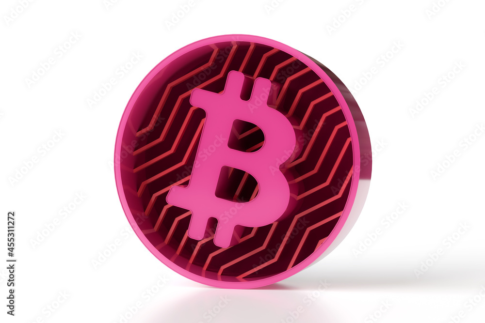 Poster 3d metallic bitcoin icon in pink and red color scheme. trend 3d design for print or web graphic proj