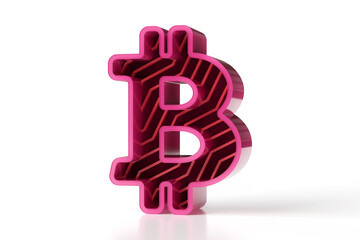 3D Bitcoin logo sign made of pink and dark red glossy tones. Nice for design projects with trending creativity styles. High resolution 3D rendering.