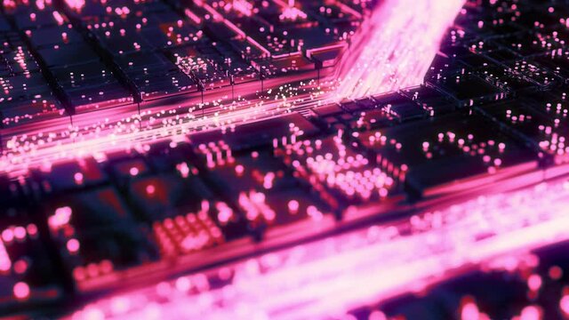 Abstract sci-fi circuit board with installed processor chips and violet flow of light optical data signals. Programming and machine learning the neural network and artificial intelligence, animation.