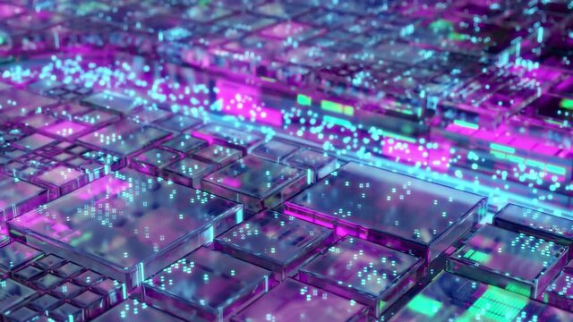 Futuristic circuit board of the neural engine network hardware with flowing signals of information data. Abstract artificial intelligence interface background with glass processor chips, 3d animation.