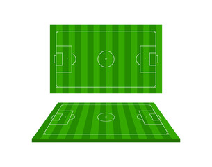 Football 3d stadium. Soccer field. Green football arena with perspective view. Isometric court for sport game. Green grass on soccer field with line, frame and corner. European league. Vector