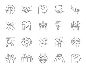 Set of friendship and love related line icons. Contains such icons as mutual understanding, harmony, relationship, handshake, etc. Editable stroke. - obrazy, fototapety, plakaty