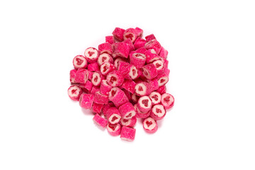 Assorted gummy candies. Top view. Jelly  sweets. Isolated on white.