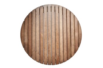 Round table top made of wooden slats for outdoor table isolated on white background upper view - obrazy, fototapety, plakaty