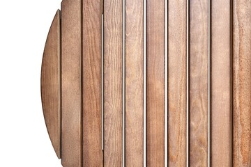 Round table top made of wooden slats for outdoor table isolated on white background close upper view