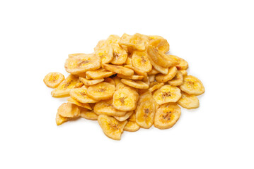 Banana chips isolated on a white background. Dehydrated banana.