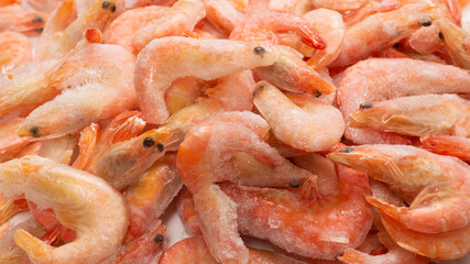 Fresh shrimps in ice. Top view.