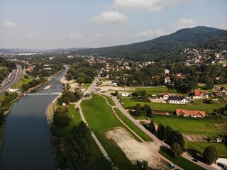 Myślenice latem z lotu ptaka/Aerial view of Myslenice town in summer, Lesser Poland, Poland
