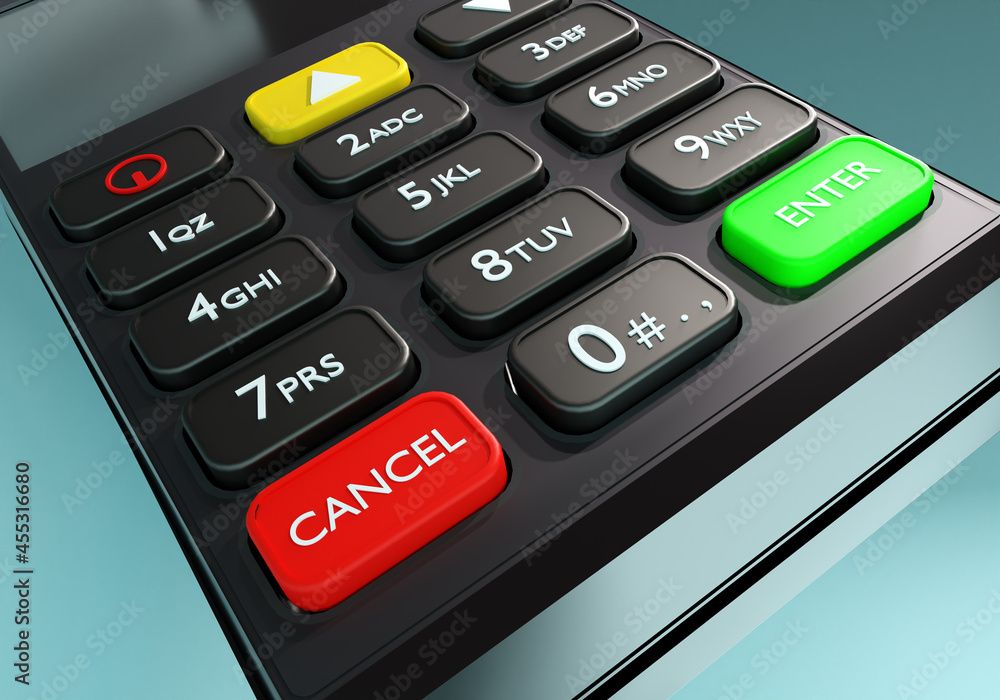 Poster payment terminal keyboard. close-up of the pos terminal. terminal cash register pos for payment. pos