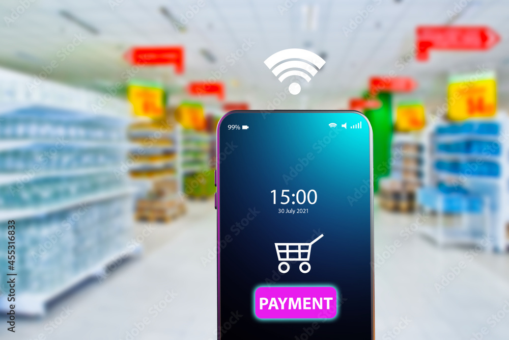 Poster payments using smartphone. electronic payment for goods. payments in the mobile app. contactless pay