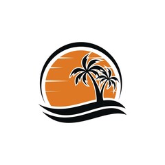 Palm Beach Logo Template Water ocean waves with sun, palm tree and beach