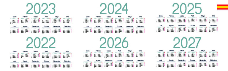 Spanish calendar 2022, 2023, 2024, 2025, 2026, 2027 on white background, week starts on Monday